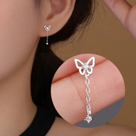 925 Sterling Silver Butterfly Drop Earrings with Crystal Accent - Picture 1 of 4